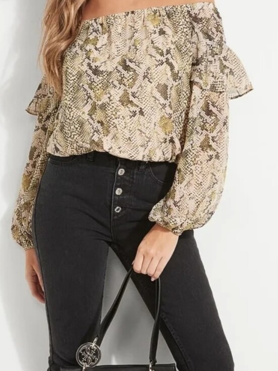 Guess Tops - GUESS Y2K ANIMAL PRINT Off-Shoulder Snake Blouse Beige & Olive Boho Queen 90s